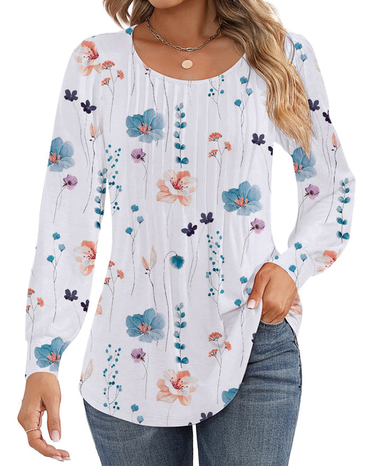 UVN Floral Blouses for Women Pleated Long Sleeve Shirts Casual Crewneck Tunic Tops