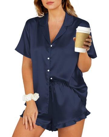 UVN Pajamas Sets for Women Short Sleeve Button Down Tops and Ruffle Shorts 2 Piece Outfit Satin Silk Pjs Sleepwear Loungewear