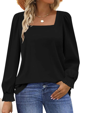 UVN Blouses for Women Square Neck Long Sleeve Shirts Dressy Casual Tunic Tops
