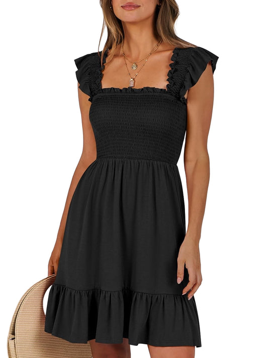 UVN Summer Dresses for Women Casual Sleeveless Square Neck Midi Dress Ruffle Backless Swing Flowy Tiered Dress