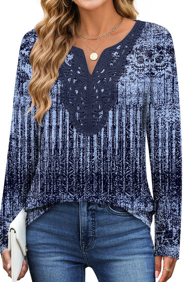 UVN Lace Blouses for Women V Neck Long Sleeve Shirts Fall Trendy Casual Tunic Tops