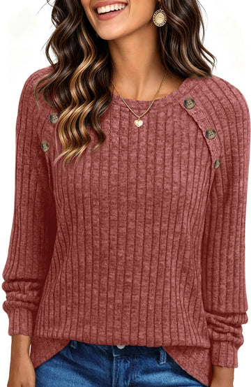 UVN Blouses for Women Long Sleeve Buttons Shirts Dressy Crew Neck Tunic Tops Fall Casual Lightweight Sweaters