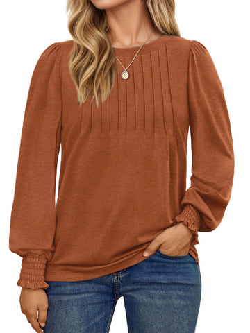 UVN Plus Size Tops for Women Pleated Long Sleeve Shirts Dressy Casual Crewneck Fall Blouses
