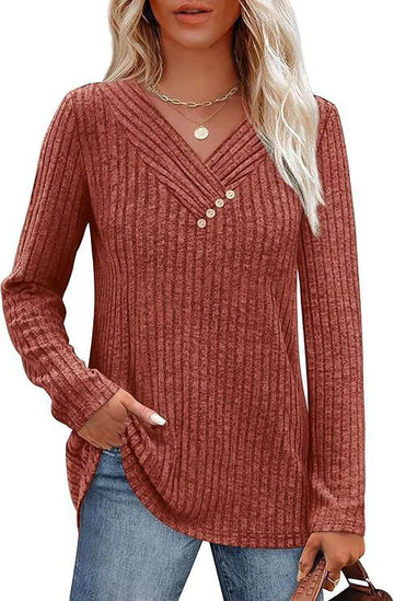 UVN V Neck Blouses for Women Button Long Sleeve Shirts Dressy Casual Fall Sweaters Tunic Tops