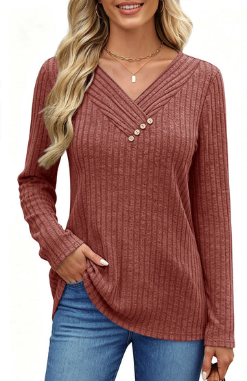 UVN V Neck Blouses for Women Button Long Sleeve Shirts Dressy Casual Fall Sweaters Tunic Tops