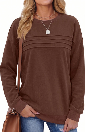 UVN Sweatshirts for Women Casual Long Sleeve Shirts Loose Fit Pleated Front Crewneck Tunic Tops