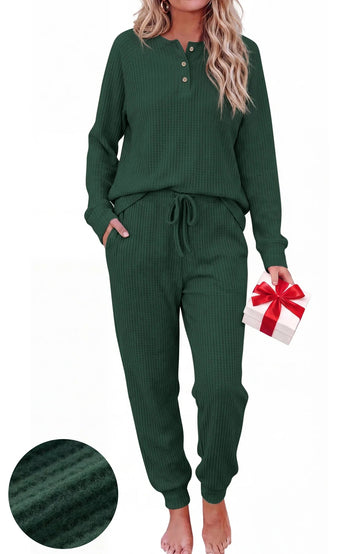 UVN Pajama Sets for Women Waffle Knit Lounge Sets Long Sleeve Henley Shirts and Long Pants Sleepwear 2 Piece Pjs Soft Comfy Loungewear with Pockets