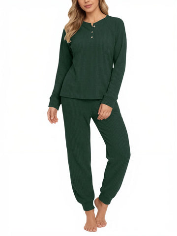 UVN Pajama Sets for Women Waffle Knit Lounge Sets Long Sleeve Henley Shirts and Long Pants Sleepwear 2 Piece Pjs Soft Comfy Loungewear with Pockets