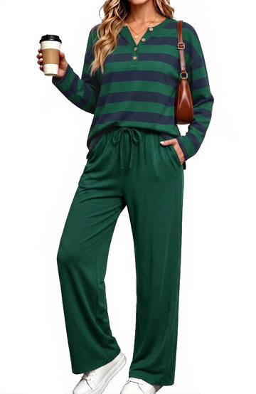 UVN Two Piece Outfits Sets for Women Casual Color Block Striped Sweatsuits Long Sleeve V Neck Button Henley Shirts Wide Leg Pants Tracksuits Travel Lounge Matching Sets with Pockets