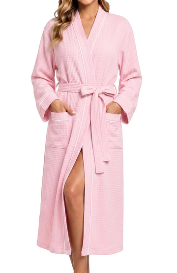 UVN Long Robes for Women Long Sleeve Kimono Bathrobe Waffle Knit Wrap Robe Soft Cozy Lightweight Sleepwear Nightgown with Pockets