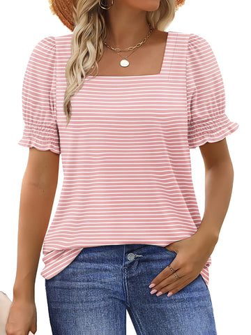 UVN Square Neck Tops for Women Summer Puff Short Sleeve Shirts Dressy Casual Tunic Blouses