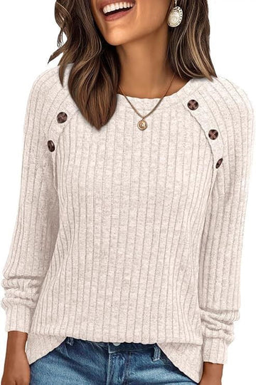 UVN Blouses for Women Long Sleeve Buttons Shirts Dressy Crew Neck Tunic Tops Fall Casual Lightweight Sweaters