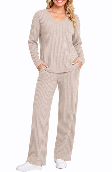 UVN Outfit Sets for Women Two Piece Sets Winter Casual Long Sleeve Tops and Long Pants Lounge Sets Ribbed Knit Pajama Sets with Pockets