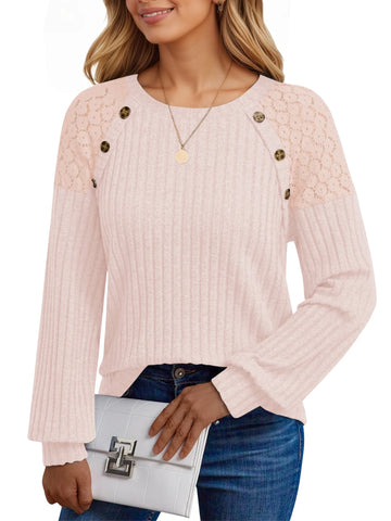 UVN Blouses for Women Casual Long Sleeve Shirts Dressy Hollow Out Lace Button Tops Fall Lightweight Pullover