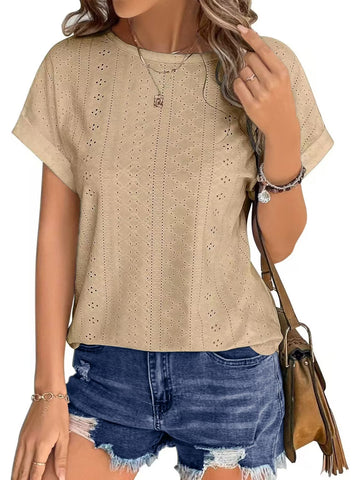 UVN T Shirts for Women Summer Short Sleeve Eyelet Tops Dressy Casual Crewneck Blouses