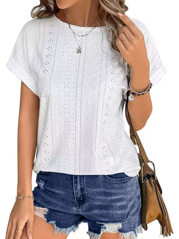 UVN T Shirts for Women Summer Short Sleeve Eyelet Tops Dressy Casual Crewneck Blouses