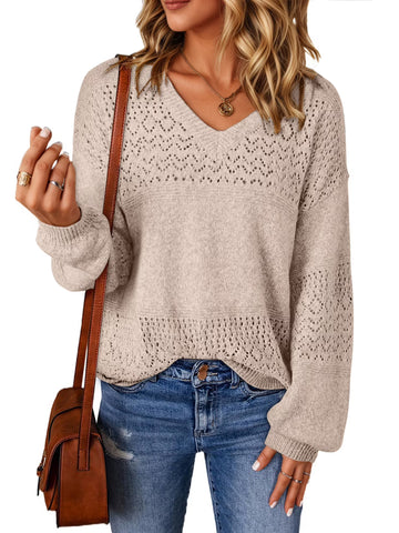 UVN Sweaters for Women Casual V Neck Long Sleeve Pullover Winter Lightweight Crochet Hollow Out Knit Jumper