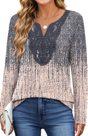 UVN Lace Blouses for Women V Neck Long Sleeve Shirts Fall Trendy Casual Tunic Tops