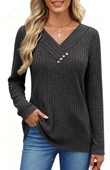 UVN V Neck Blouses for Women Button Long Sleeve Shirts Dressy Casual Fall Sweaters Tunic Tops