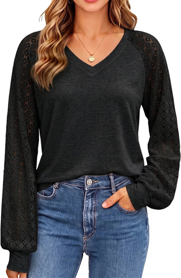 UVN Blouses for Women Dressy Lace Long Sleeve Shirts Fall Casual V Neck Tunic Tops