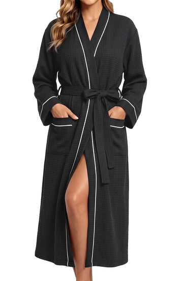 UVN Long Robes for Women Long Sleeve Kimono Bathrobe Waffle Knit Wrap Robe Soft Cozy Lightweight Sleepwear Nightgown with Pockets