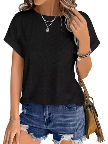 UVN T Shirts for Women Summer Short Sleeve Eyelet Tops Dressy Casual Crewneck Blouses