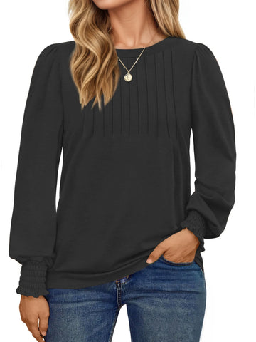 UVN Plus Size Tops for Women Pleated Long Sleeve Shirts Dressy Casual Crewneck Fall Blouses