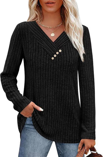 UVN V Neck Blouses for Women Button Long Sleeve Shirts Dressy Casual Fall Sweaters Tunic Tops