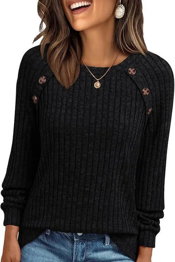 UVN Blouses for Women Long Sleeve Buttons Shirts Dressy Crew Neck Tunic Tops Fall Casual Lightweight Sweaters