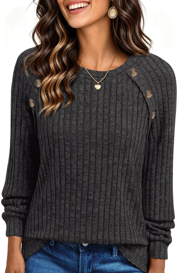 UVN Blouses for Women Long Sleeve Buttons Shirts Dressy Crew Neck Tunic Tops Fall Casual Lightweight Sweaters
