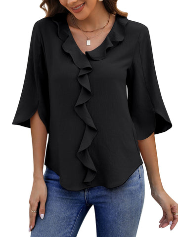 UVN Chiffon Blouses for Women Dressy Ruffle V Neck Tops Summer Casual 3/4 Sleeve Shirts