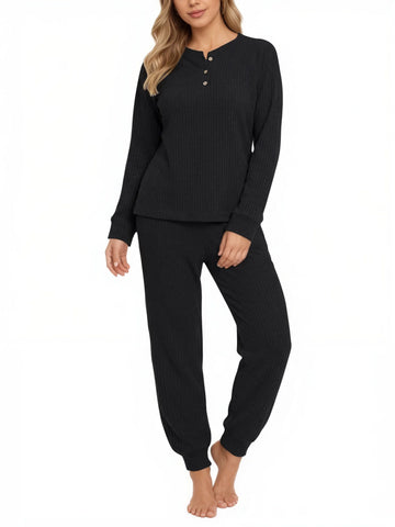 UVN Pajama Sets for Women Waffle Knit Lounge Sets Long Sleeve Henley Shirts and Long Pants Sleepwear 2 Piece Pjs Soft Comfy Loungewear with Pockets