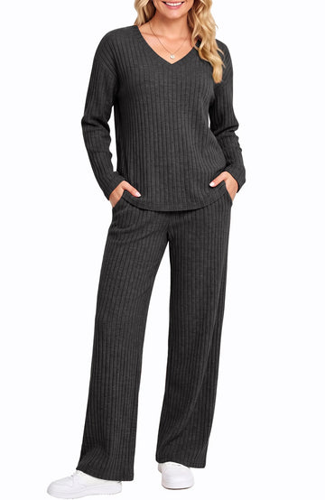 UVN Outfit Sets for Women Two Piece Sets Winter Casual Long Sleeve Tops and Long Pants Lounge Sets Ribbed Knit Pajama Sets with Pockets