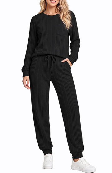 UVN Two Piece Sets for Women Casual Outfits Sets Textured Long Sleeve Shirts and Long Pants Lounge Set Fall Pajama Sets with Pockets