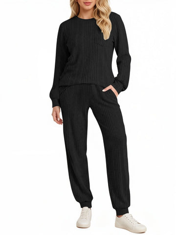 UVN Two Piece Sets for Women Casual Outfits Sets Textured Long Sleeve Shirts and Long Pants Lounge Set Fall Pajama Sets with Pockets
