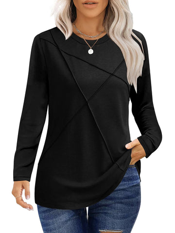 UVN Blouses for Women Pleated Long Sleeve Shirts Casual Crew Neck Tunic Tops
