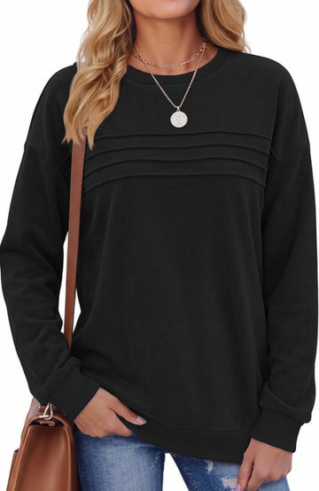UVN Sweatshirts for Women Casual Long Sleeve Shirts Loose Fit Pleated Front Crewneck Tunic Tops