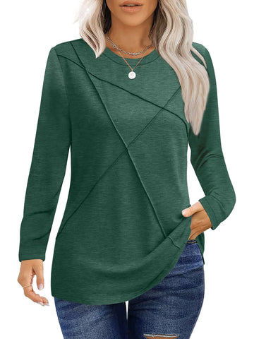 UVN Blouses for Women Pleated Long Sleeve Shirts Casual Crew Neck Tunic Tops