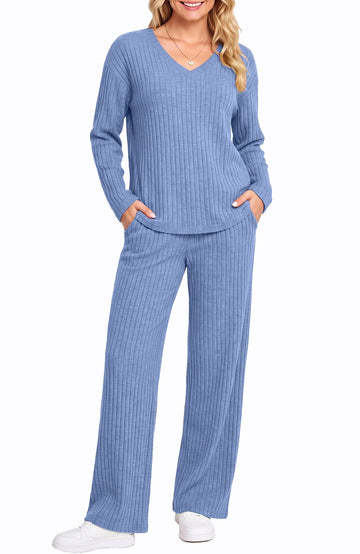 UVN Outfit Sets for Women Two Piece Sets Winter Casual Long Sleeve Tops and Long Pants Lounge Sets Ribbed Knit Pajama Sets with Pockets