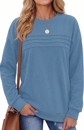 UVN Sweatshirts for Women Casual Long Sleeve Shirts Loose Fit Pleated Front Crewneck Tunic Tops