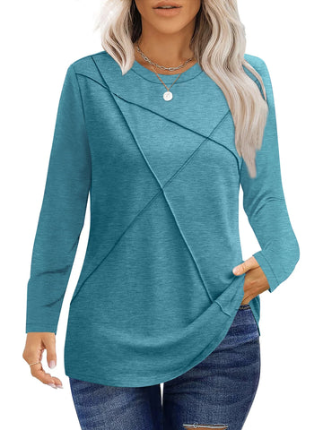 UVN Blouses for Women Pleated Long Sleeve Shirts Casual Crew Neck Tunic Tops