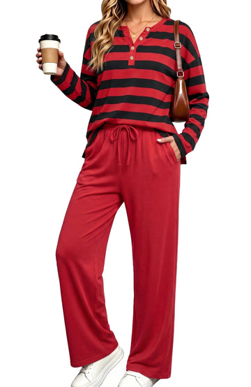 UVN Two Piece Outfits Sets for Women Casual Color Block Striped Sweatsuits Long Sleeve V Neck Button Henley Shirts Wide Leg Pants Tracksuits Travel Lounge Matching Sets with Pockets