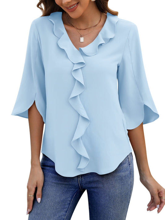 UVN Chiffon Blouses for Women Dressy Ruffle V Neck Tops Summer Casual 3/4 Sleeve Shirts