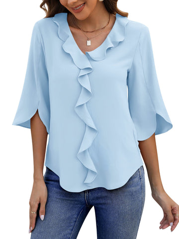 UVN Chiffon Blouses for Women Dressy Ruffle V Neck Tops Summer Casual 3/4 Sleeve Shirts