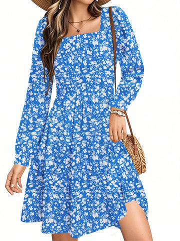 UVN Dresses for Women Fall Long Sleeve Square Neck Dress Boho Floral Print Midi Dresses with Pockets