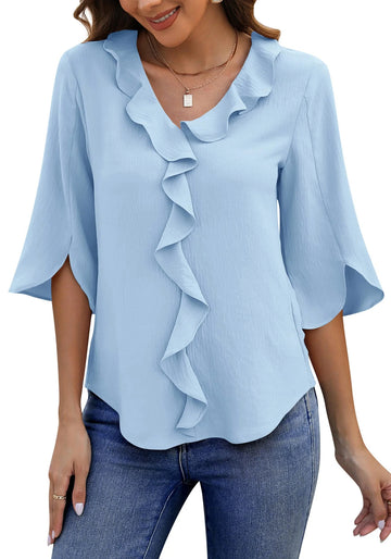 UVN Chiffon Blouses for Women Dressy Ruffle V Neck Tops Summer Casual 3/4 Sleeve Shirts