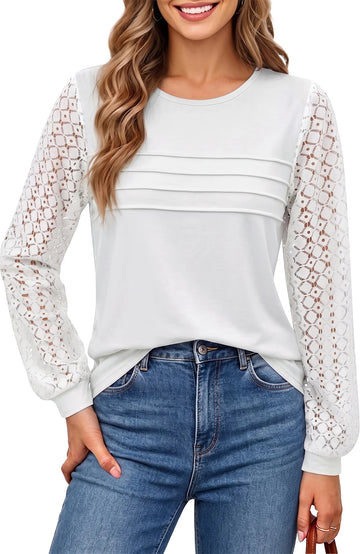 UVN Blouses for Women Dressy Lace Pleated Tunic Tops Casual Long Sleeve Fall Shirts