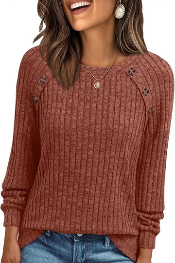 UVN Blouses for Women Long Sleeve Buttons Shirts Dressy Crew Neck Tunic Tops Fall Casual Lightweight Sweaters