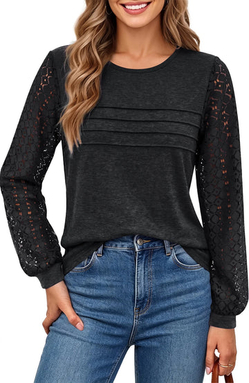 UVN Blouses for Women Dressy Lace Pleated Tunic Tops Casual Long Sleeve Fall Shirts
