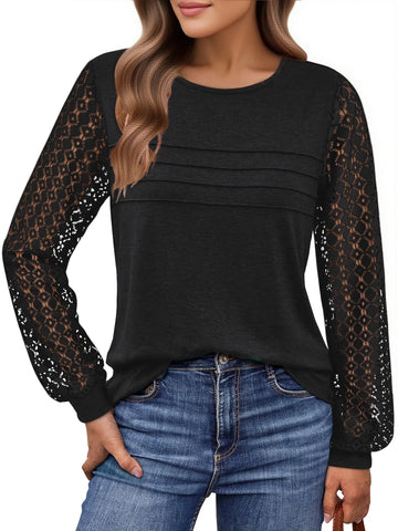 UVN Blouses for Women Dressy Lace Pleated Tunic Tops Casual Long Sleeve Fall Shirts